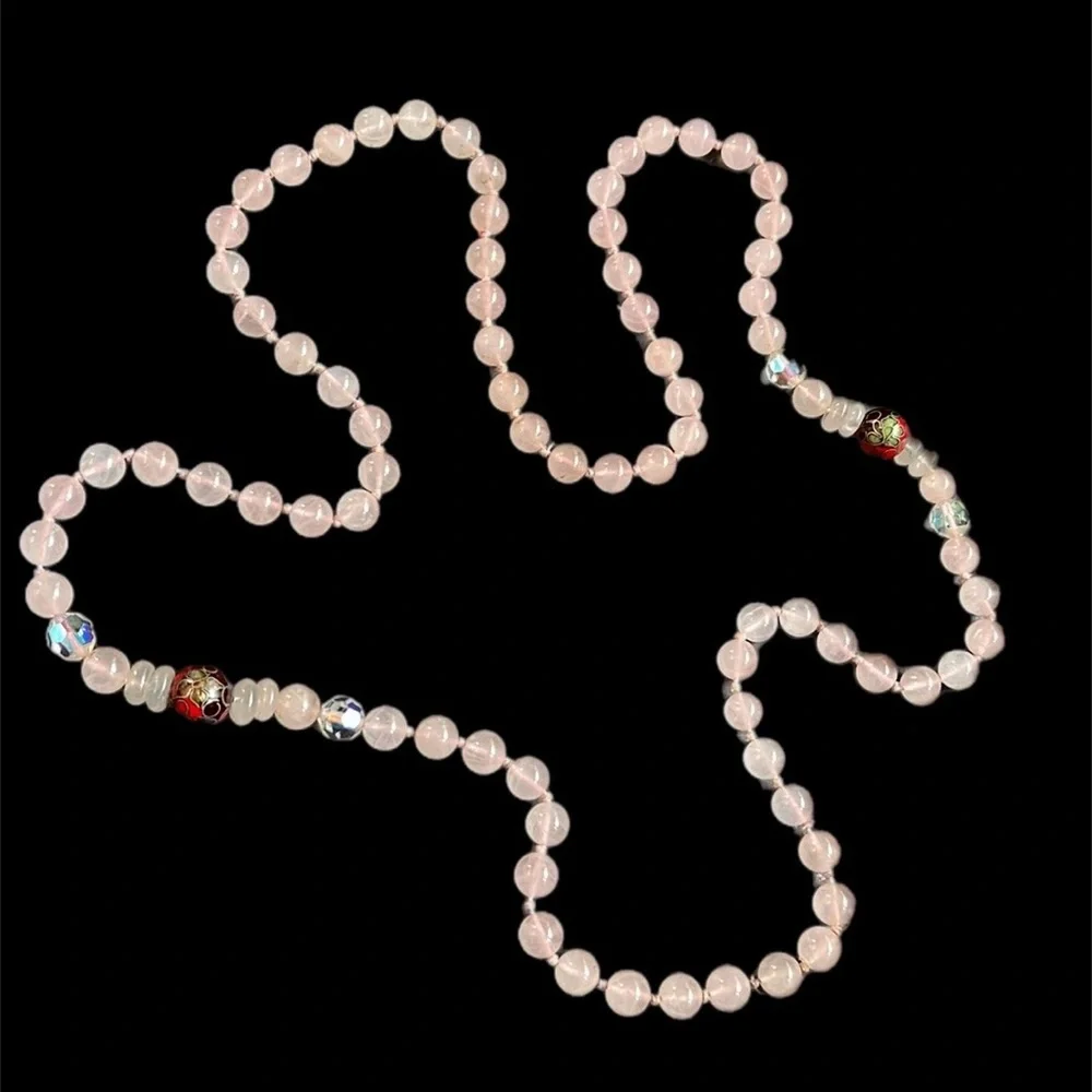 Pink Rose Quartz Beaded Necklace w Cloisonne & Aurora Borealis Accent Be…